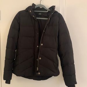 J. Crew insulated and hooded black winter jacket with zippers and buttons